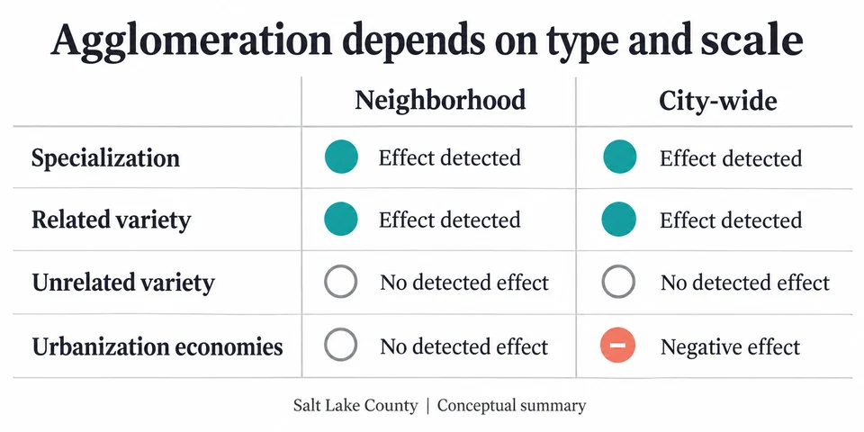Specialization and related variety act at neighborhood and city-wide scales; unrelated variety shows no detected effect; urbanization economies act negatively only city-wide.