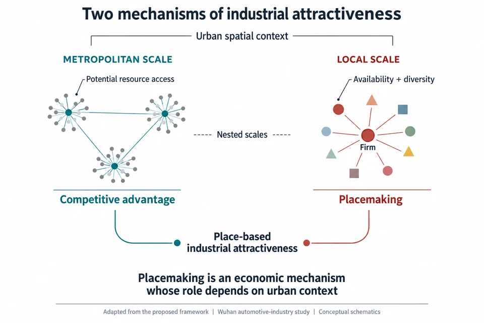 Adapted from the paper's proposed framework: metropolitan potential resource access underpins competitive advantage, while local amenity availability and diversity support placemaking. These nested mechanisms jointly explain industrial attractiveness within an urban spatial context; schematic connections are not causal estimates.