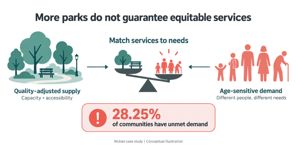 Quality-adjusted park services are compared with age-sensitive demand; 28.25 percent of Wuhan communities have unmet park demand.